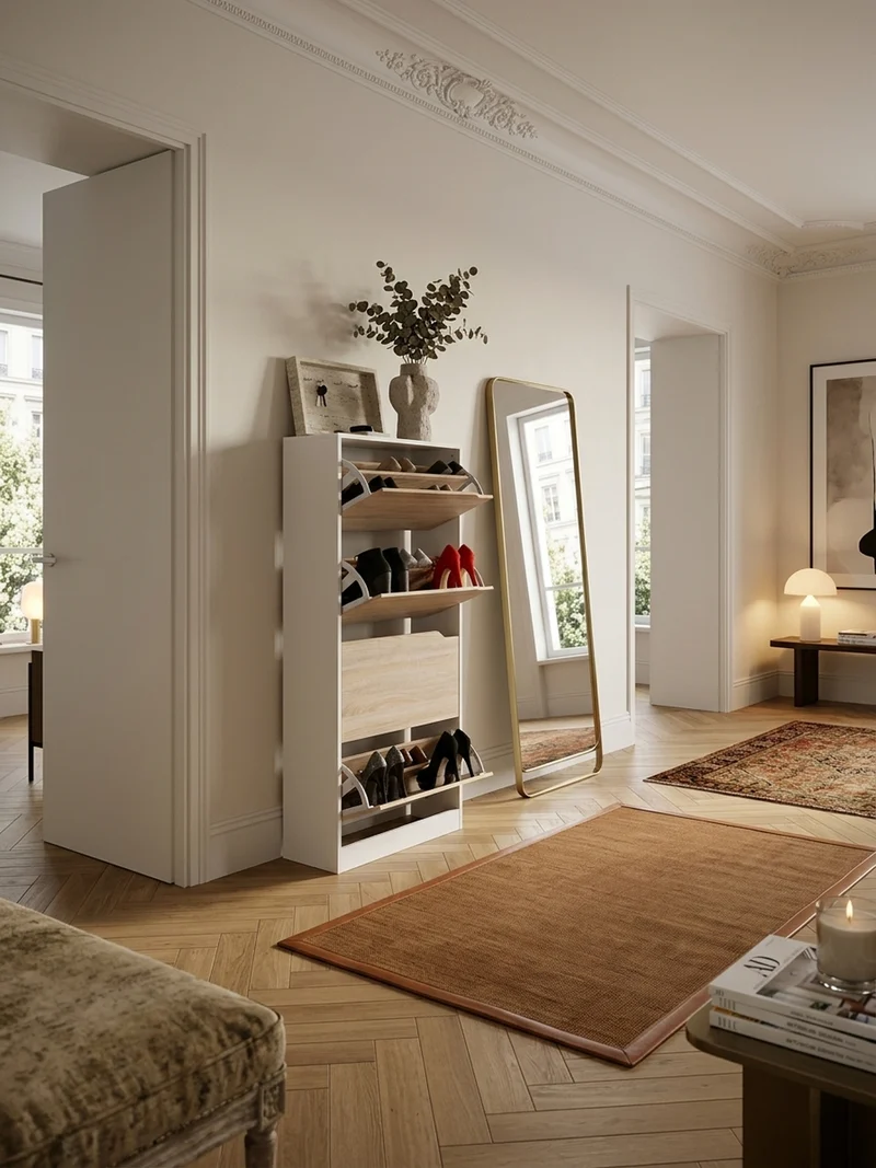 Schuhschrank – Weiß/Sonoma Eiche, 4 Fächer, für ca. 24 Paar Schuhe