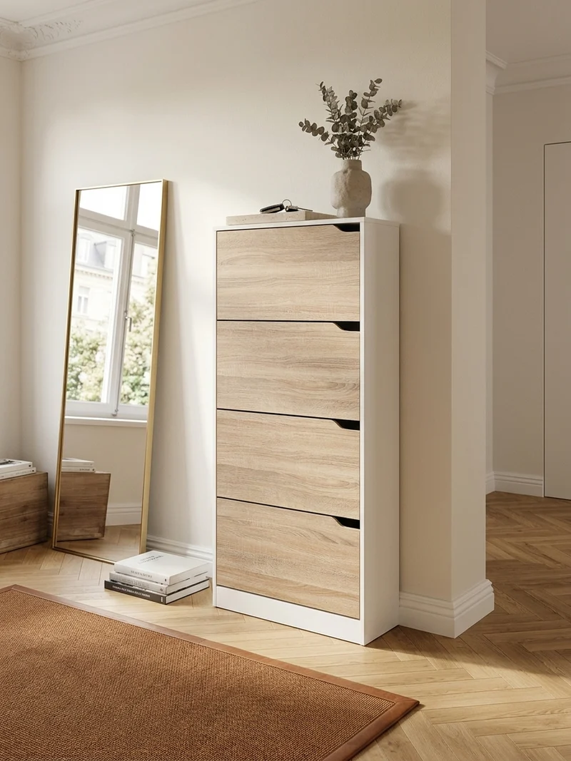 Schuhschrank – Weiß/Sonoma Eiche, 4 Fächer, für ca. 24 Paar Schuhe