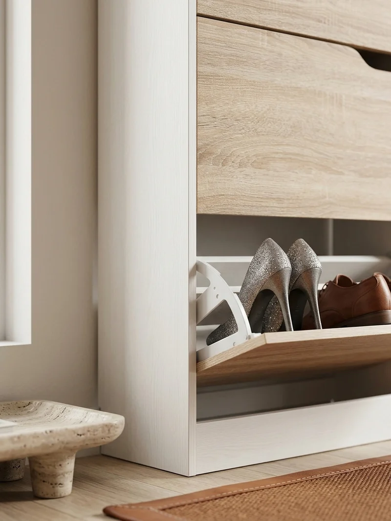 Schuhschrank – Weiß/Sonoma Eiche, 4 Fächer, für ca. 24 Paar Schuhe