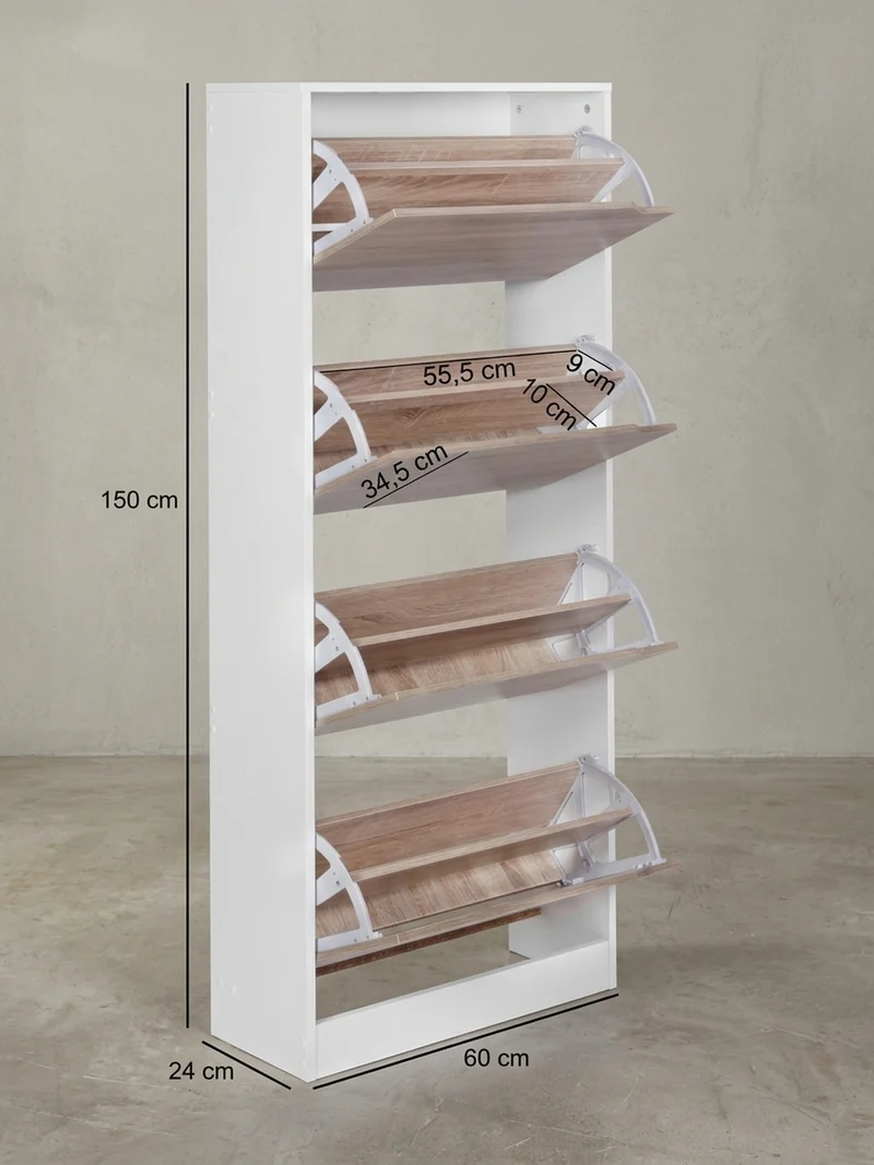 Schuhschrank – Weiß/Sonoma Eiche, 4 Fächer, für ca. 24 Paar Schuhe