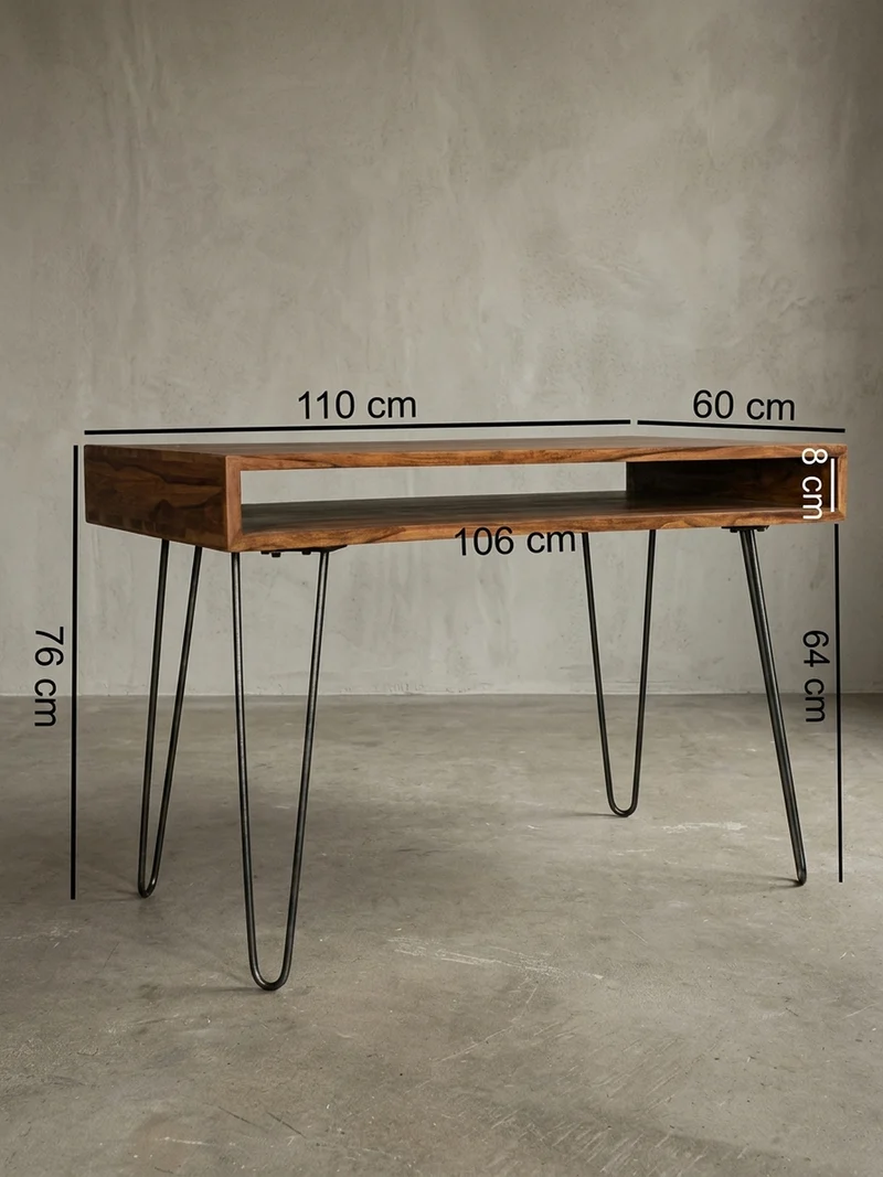 Schreibtisch – Massivholz, Industrial Retro, große Platte, Haarnadelbeine
