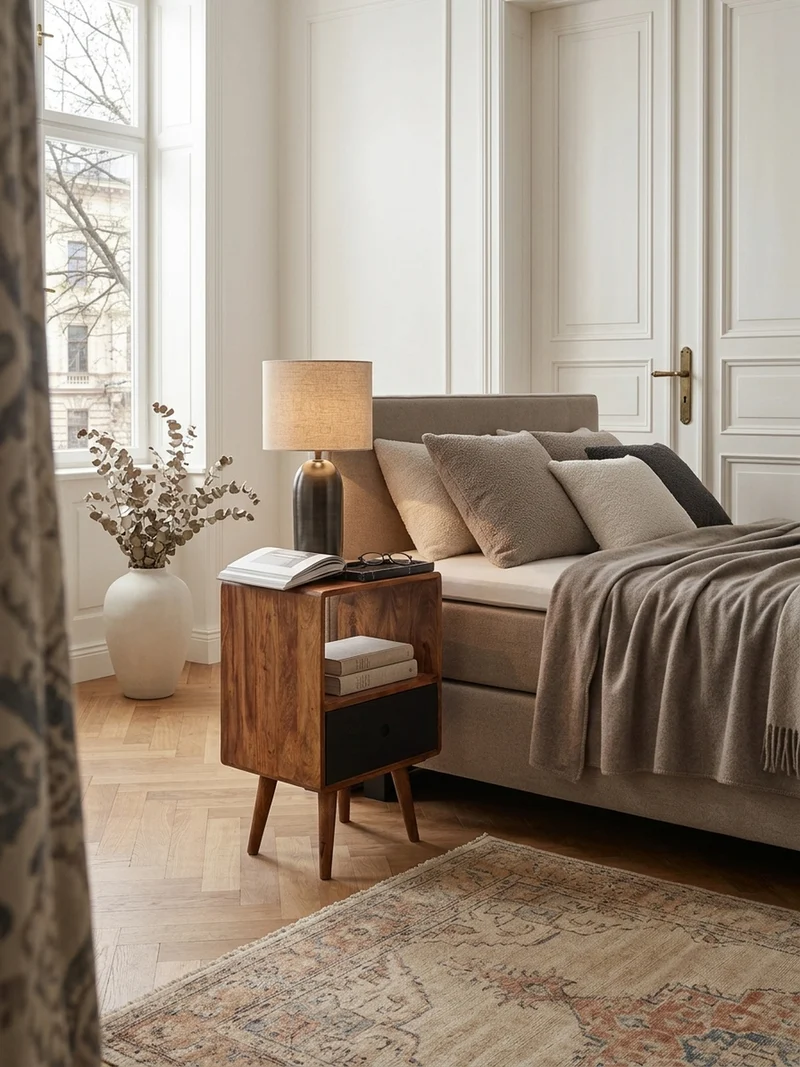 Nachttisch – Massivholz, 70 cm hoch, Retro-Stil, für Boxspringbett