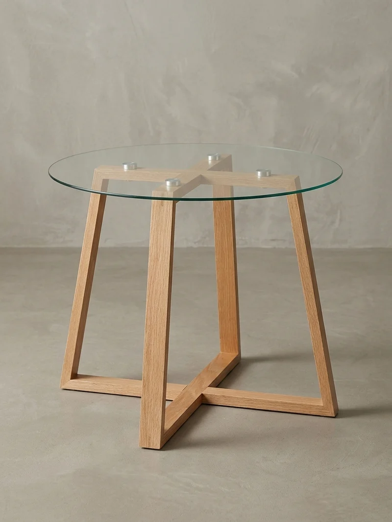 Couchtisch Eiche massiv mit Glasplatte, modernes Design, überkreuztes Gestell