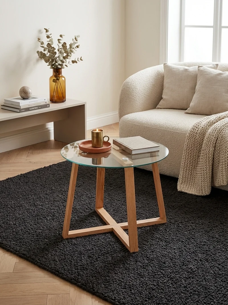 Couchtisch Eiche massiv mit Glasplatte, modernes Design, überkreuztes Gestell