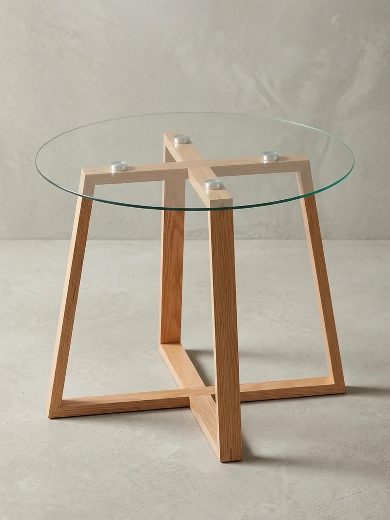 Couchtisch Eiche massiv mit Glasplatte, modernes Design, überkreuztes Gestell