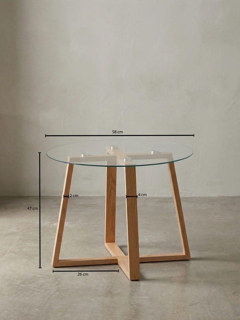 Couchtisch Eiche massiv mit Glasplatte, modernes Design, überkreuztes Gestell