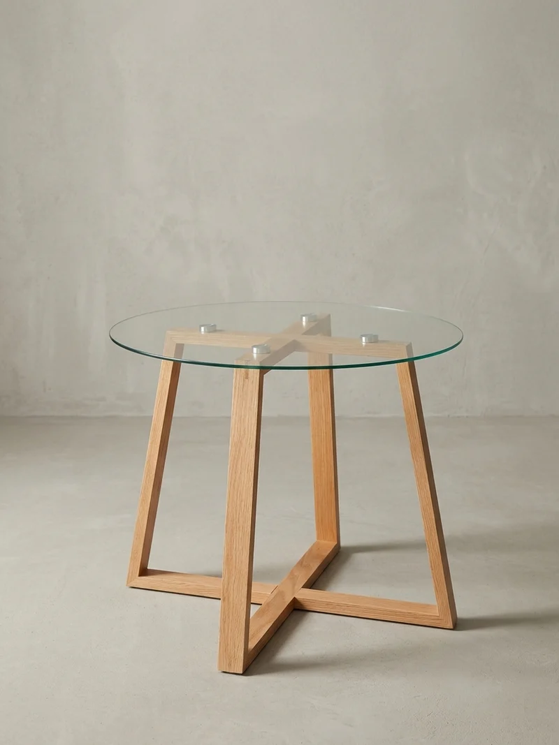 Couchtisch Eiche massiv mit Glasplatte, modernes Design, überkreuztes Gestell