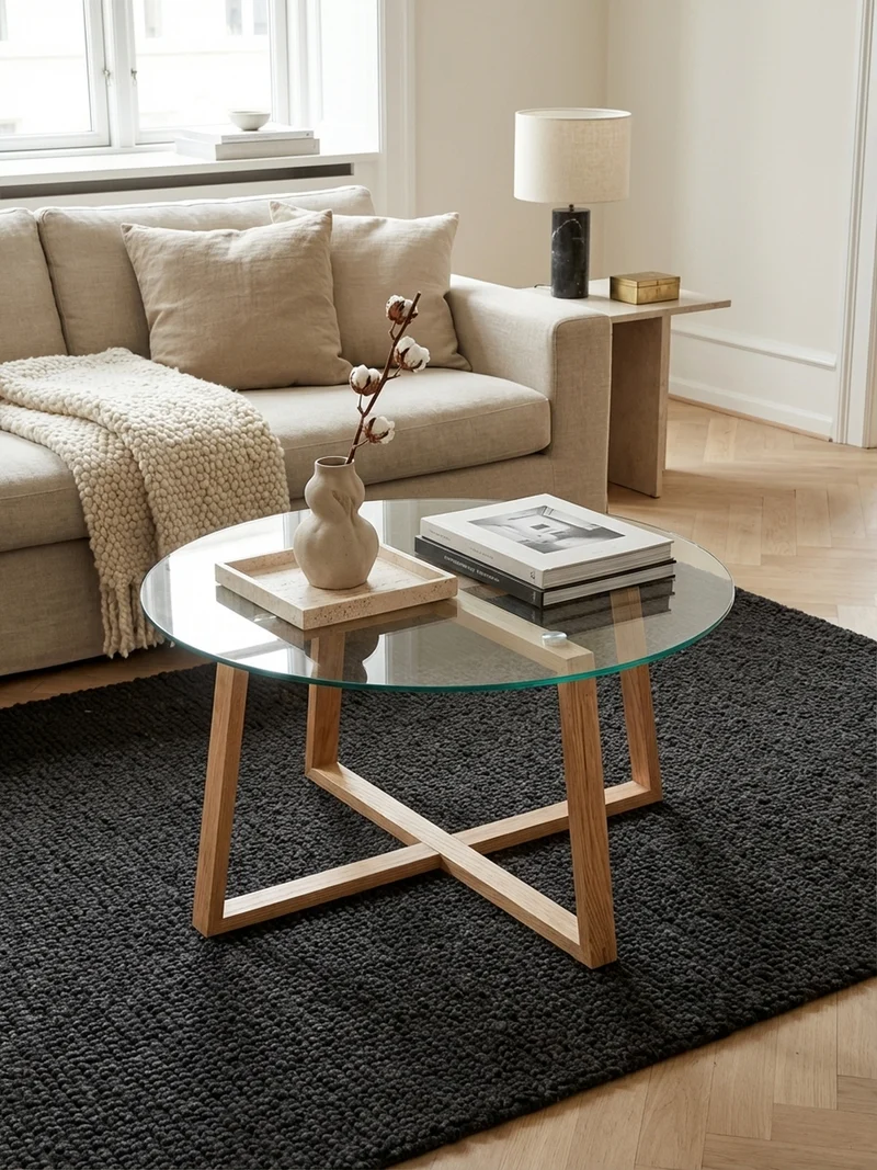 Couchtisch in Eiche mit transparenter Glasplatte und überkreuztem Gestell, modernes Design
