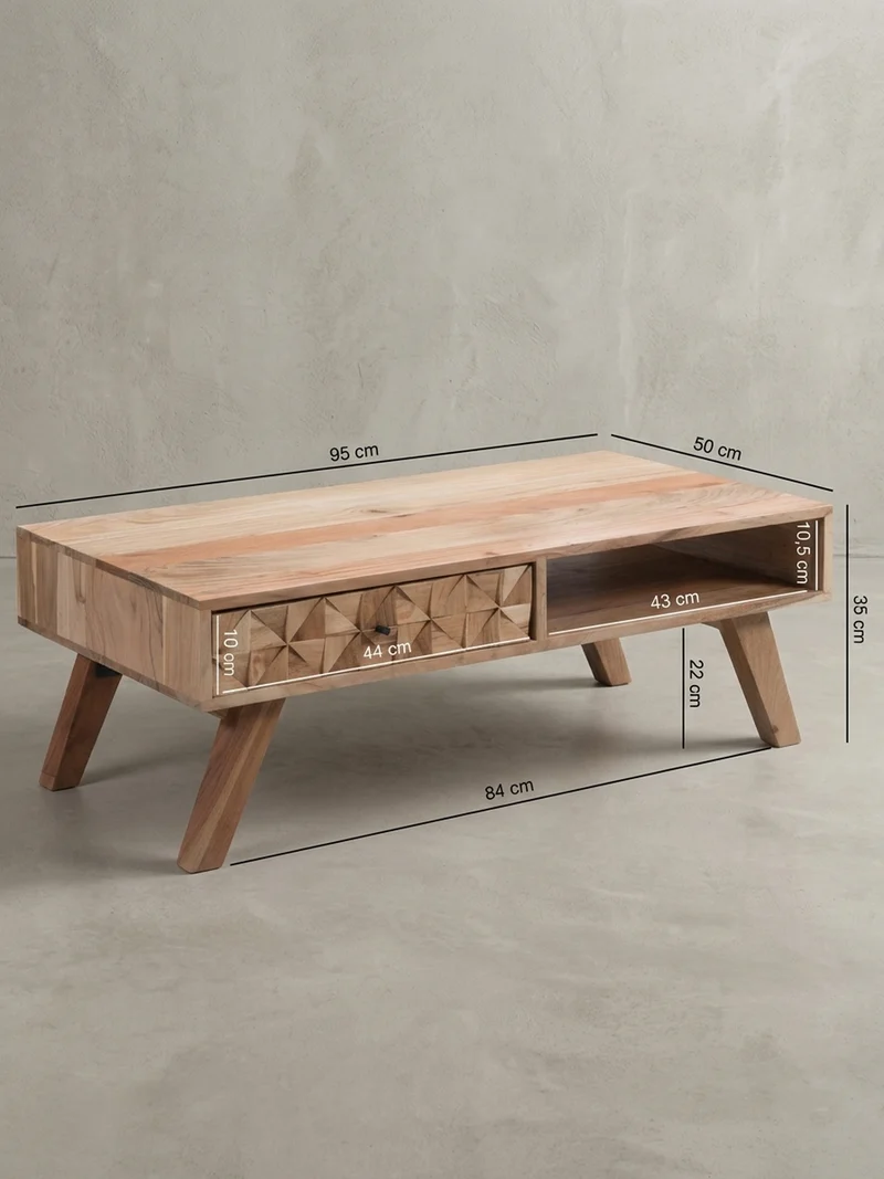 Couchtisch Landhausstil Massivholz mit Schublade und Ablagefach, Maße 95x35x50 cm