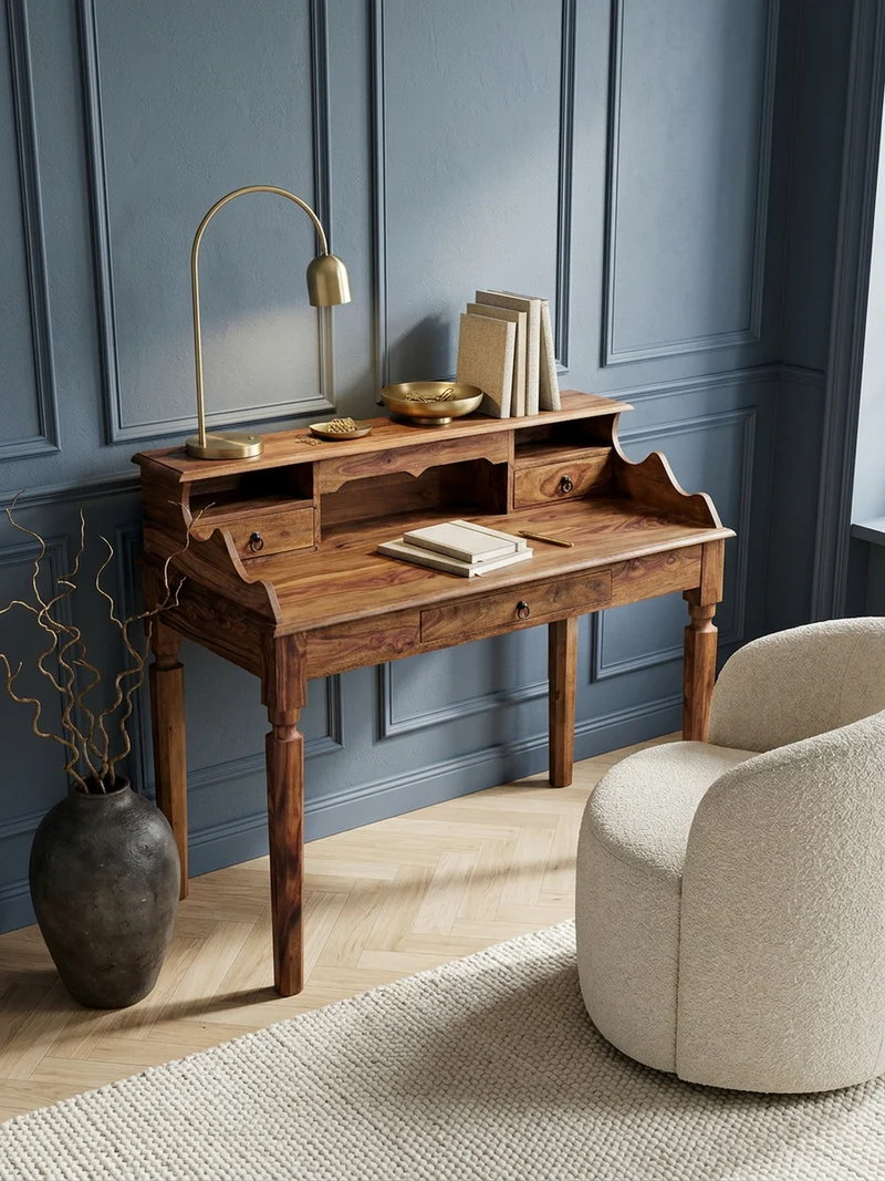 Schreibtisch – Massivholz, 115 cm, Landhausstil, 3 Schubladen, Vintage-Optik