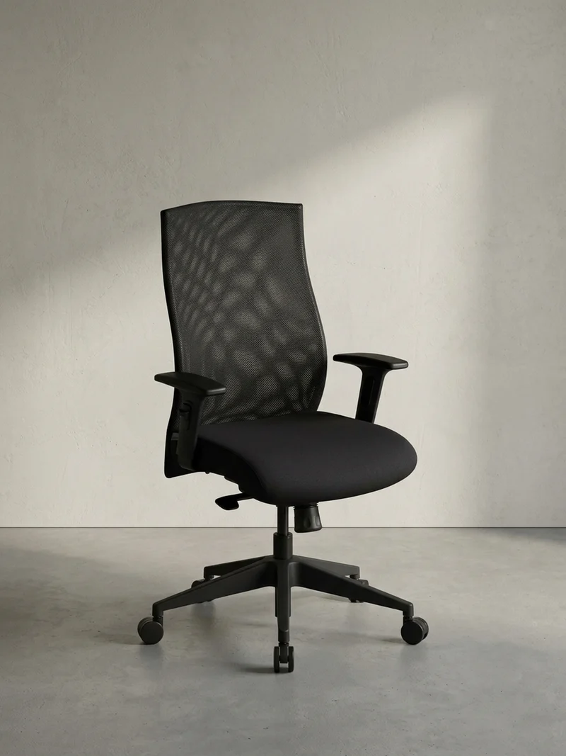 Bürostuhl Schwarz Netz mit 3-Punkt-Synchronmechanik, Nylonfuß und Teppichrollen PARMA