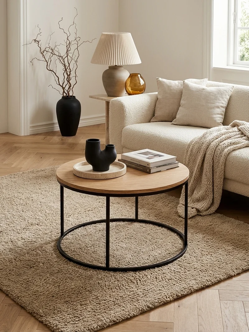 Couchtisch in Eichenholz-Optik mit Metallgestell und pflegeleichter Oberfläche