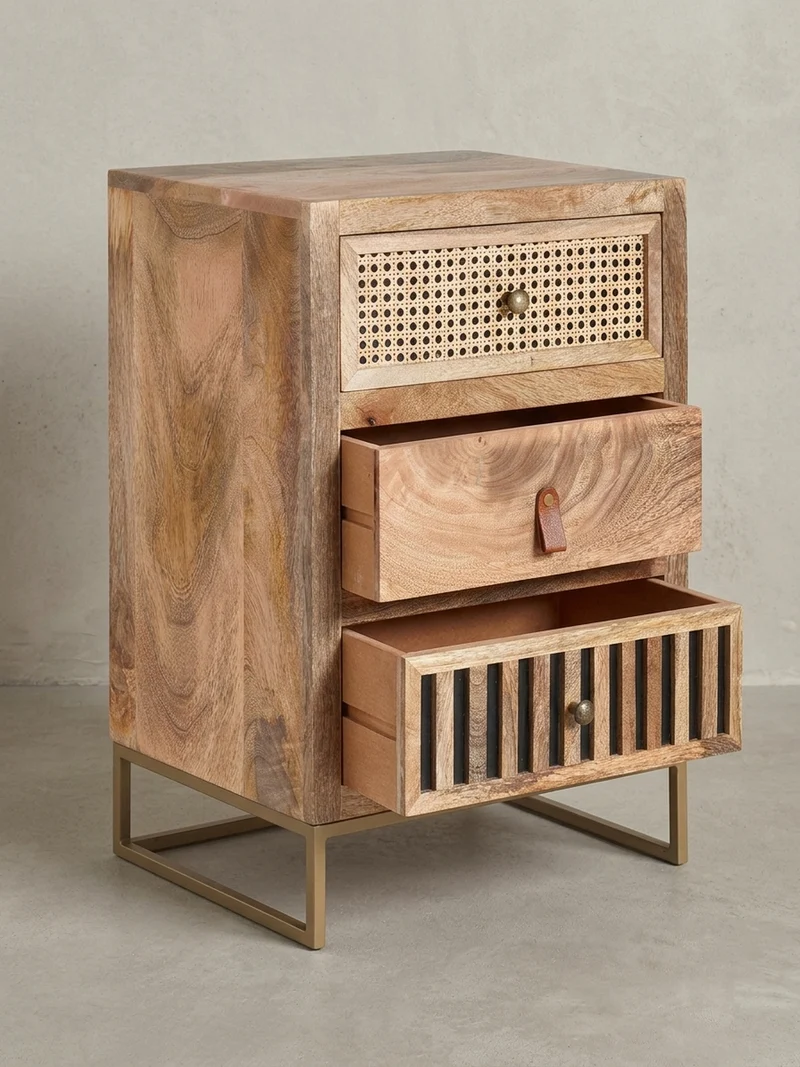 Nachttisch – Mango Massivholz/Rattan, 3 Schubladen, für Boxspringbett