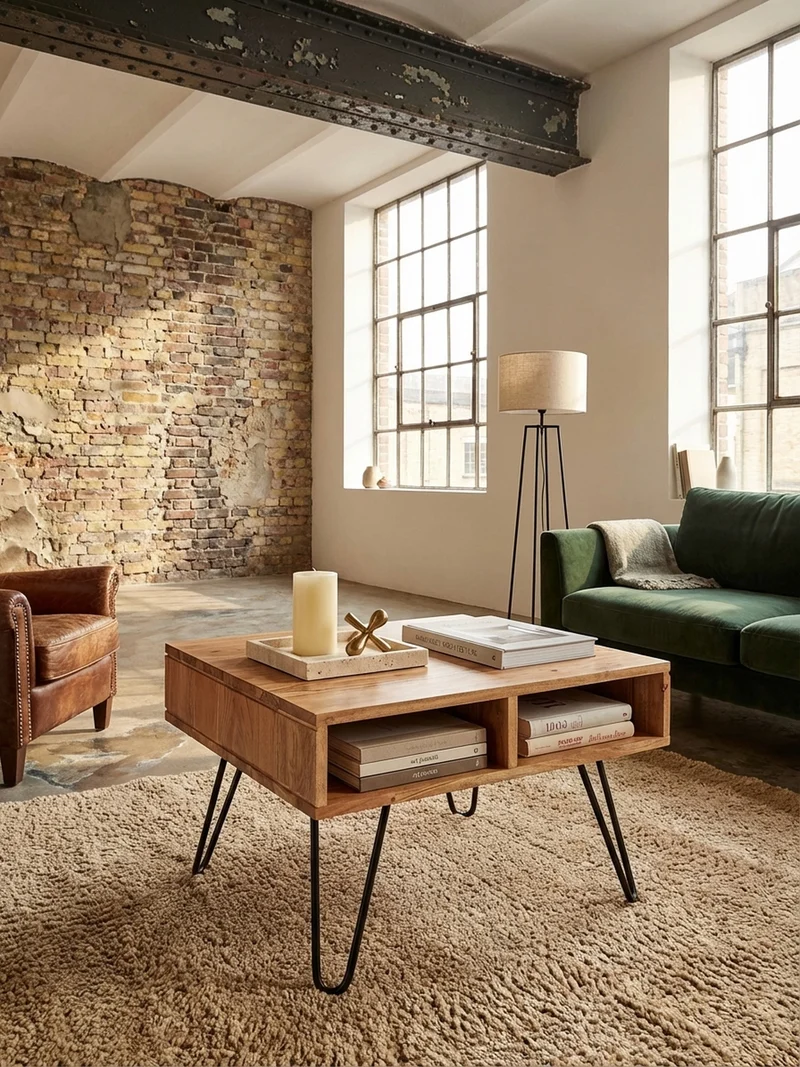 Couchtisch aus massivem Akazienholz mit Metallgestell und Stauraum im modernen Design