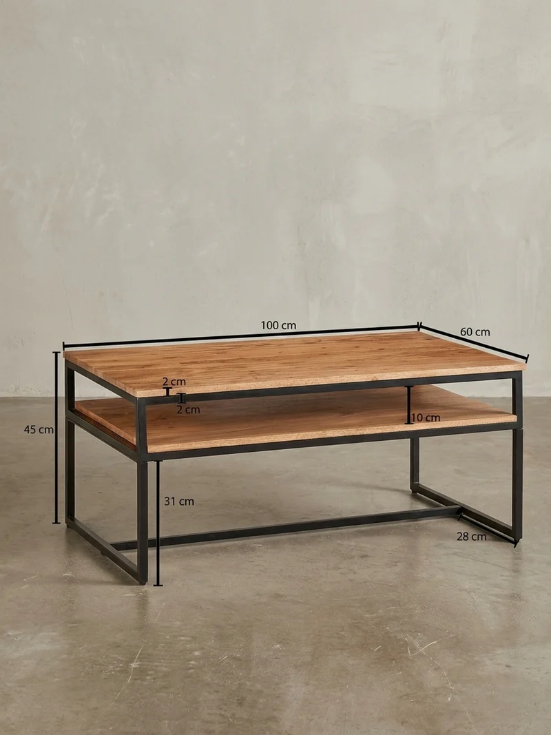 Couchtisch Industrial Vintage, Akazienholz und Eisen, 2 Ablagen, Belastbarkeit 15 kg