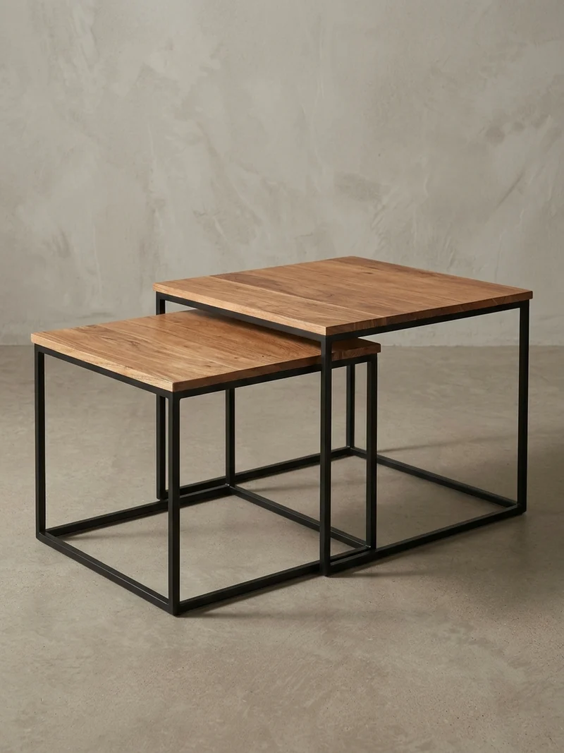 Wohnzimmertisch Set – Holz Metall quadratisch 2-teilig Industrie-Stil