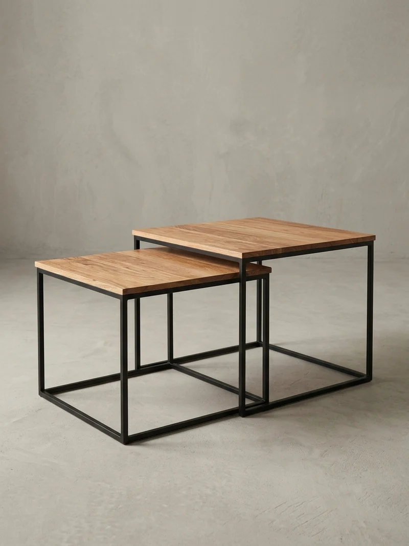Wohnzimmertisch Set – Holz Metall quadratisch 2-teilig Industrie-Stil