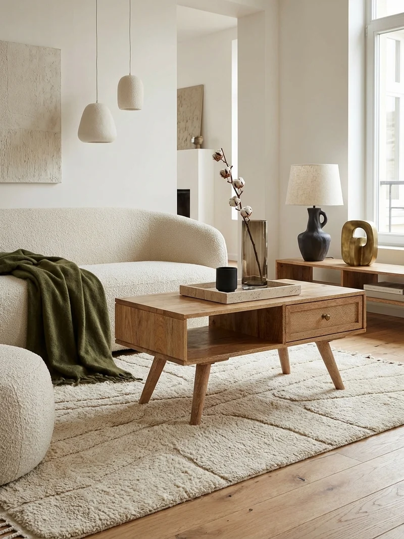 Couchtisch Mango-Holz Massiv mit Ablagefläche, Zeitloses Design, Geräumig und Stabil