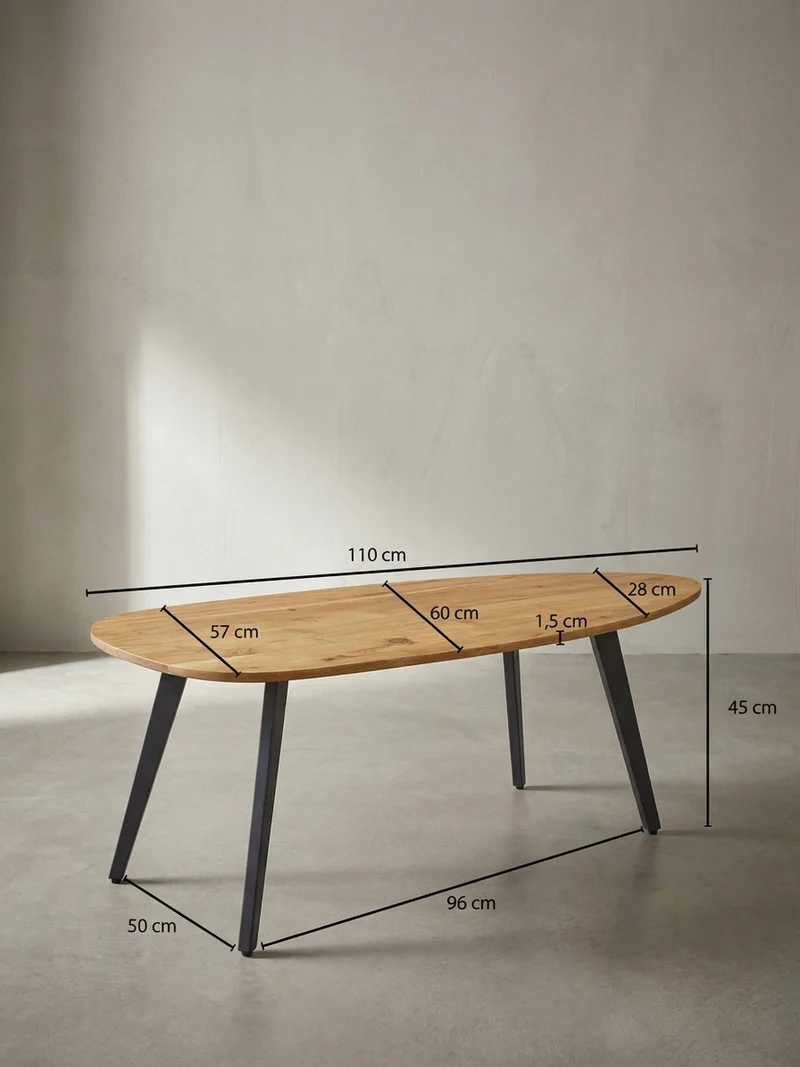 Couchtisch in Nierenform aus Akazie Massivholz mit stabilen Metallbeinen