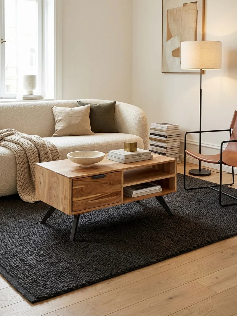 Couchtisch Massivholz und Metall, Modernes Design, Großer Stauraum, Robuste Beine