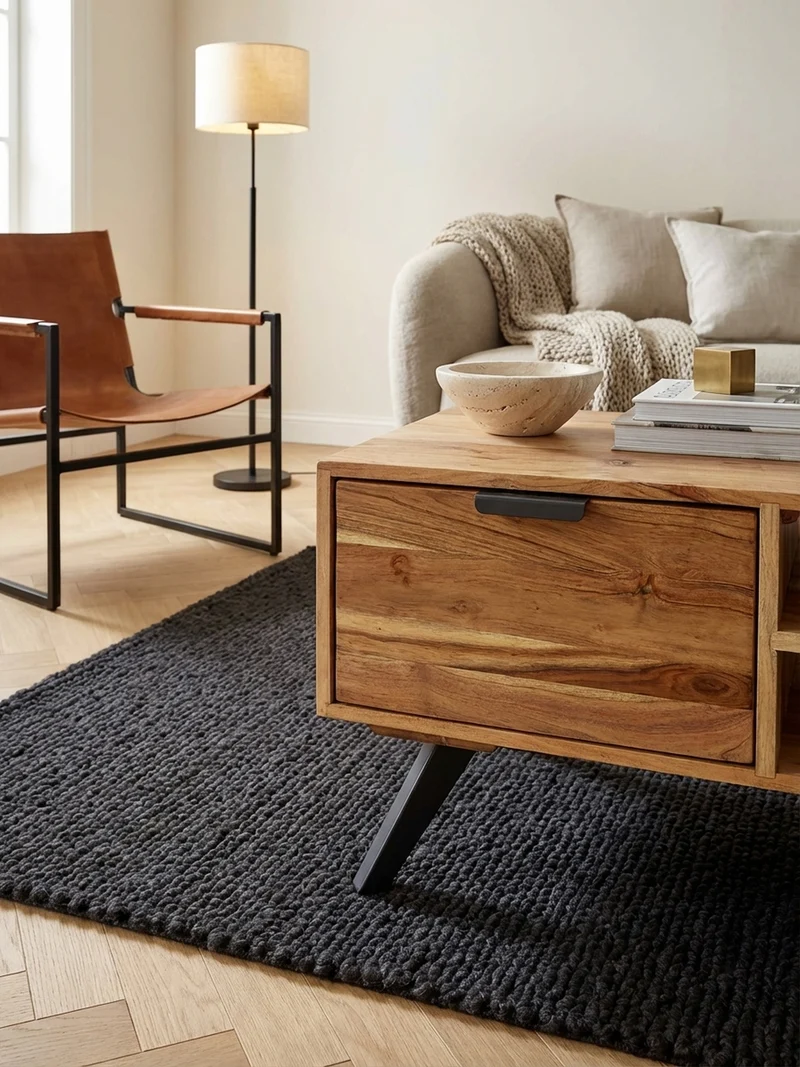Couchtisch Massivholz und Metall, Modernes Design, Großer Stauraum, Robuste Beine