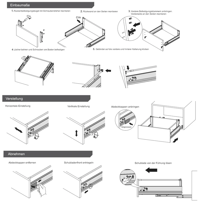 1 Satz Soft-Close Schubladensystem, MITTEL, H: 142mm, Weiß