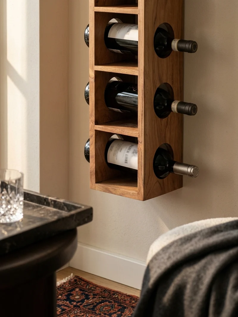 Weinregal Massivholz mit 5 Fächern Wandmontage Edelholz-Optik