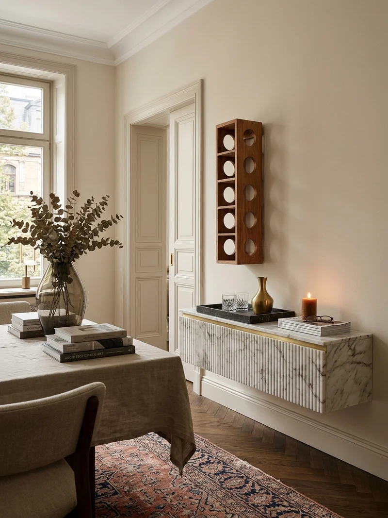 Weinregal Massivholz mit 5 Fächern Wandmontage Edelholz-Optik
