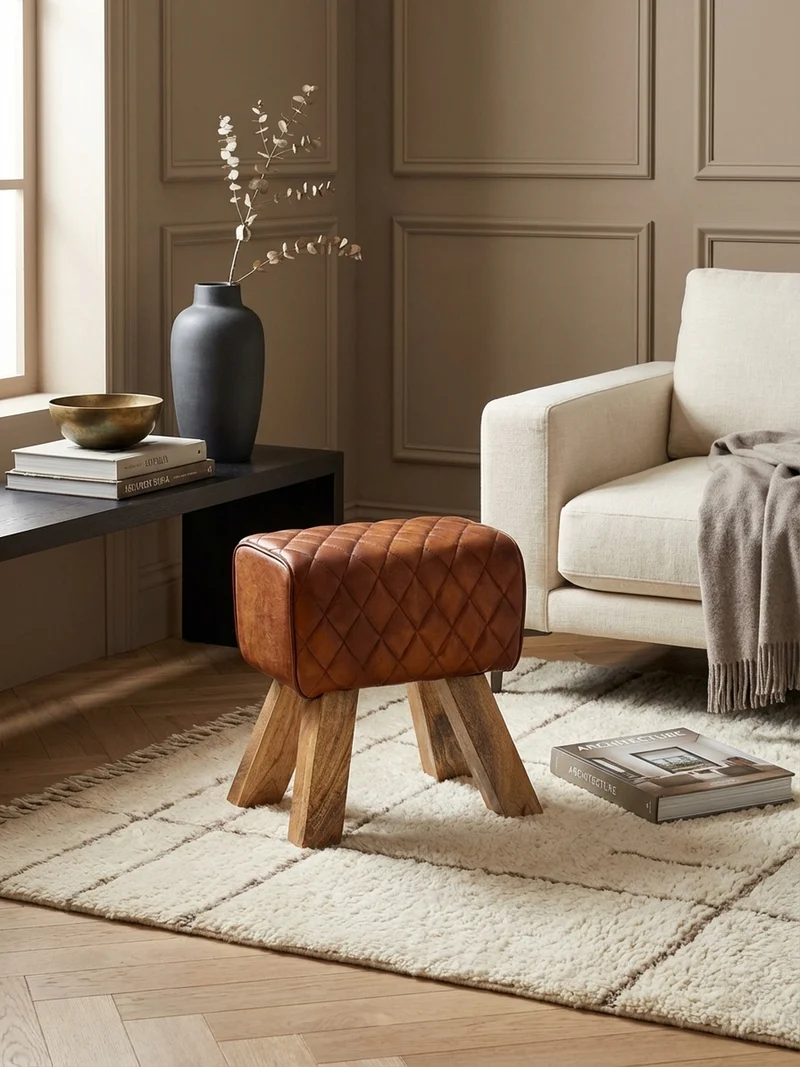 Sitzhocker – Echtleder, Rautenmuster, robust