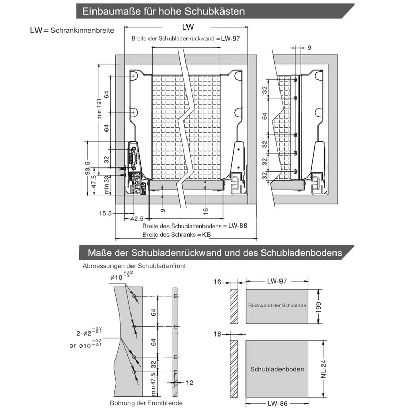1 Satz Soft-Close Schubladensystem, HOCH, H: 185mm, Weiß