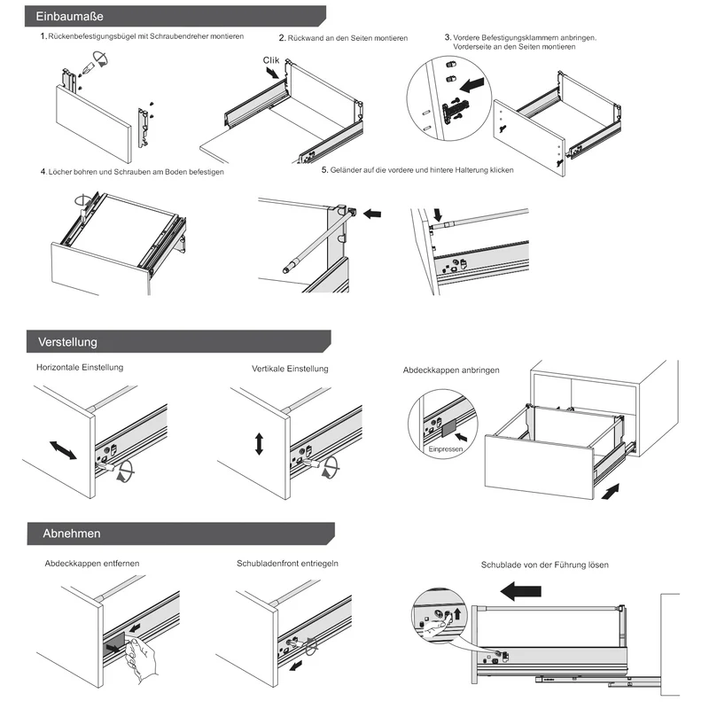 1 Satz Soft-Close Schubladensystem, HOCH, H: 185mm, Weiß
