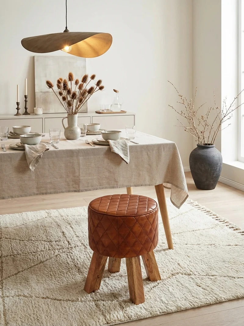 Sitzhocker – Holz/Leder, 46 cm, Rautenmuster, Braun