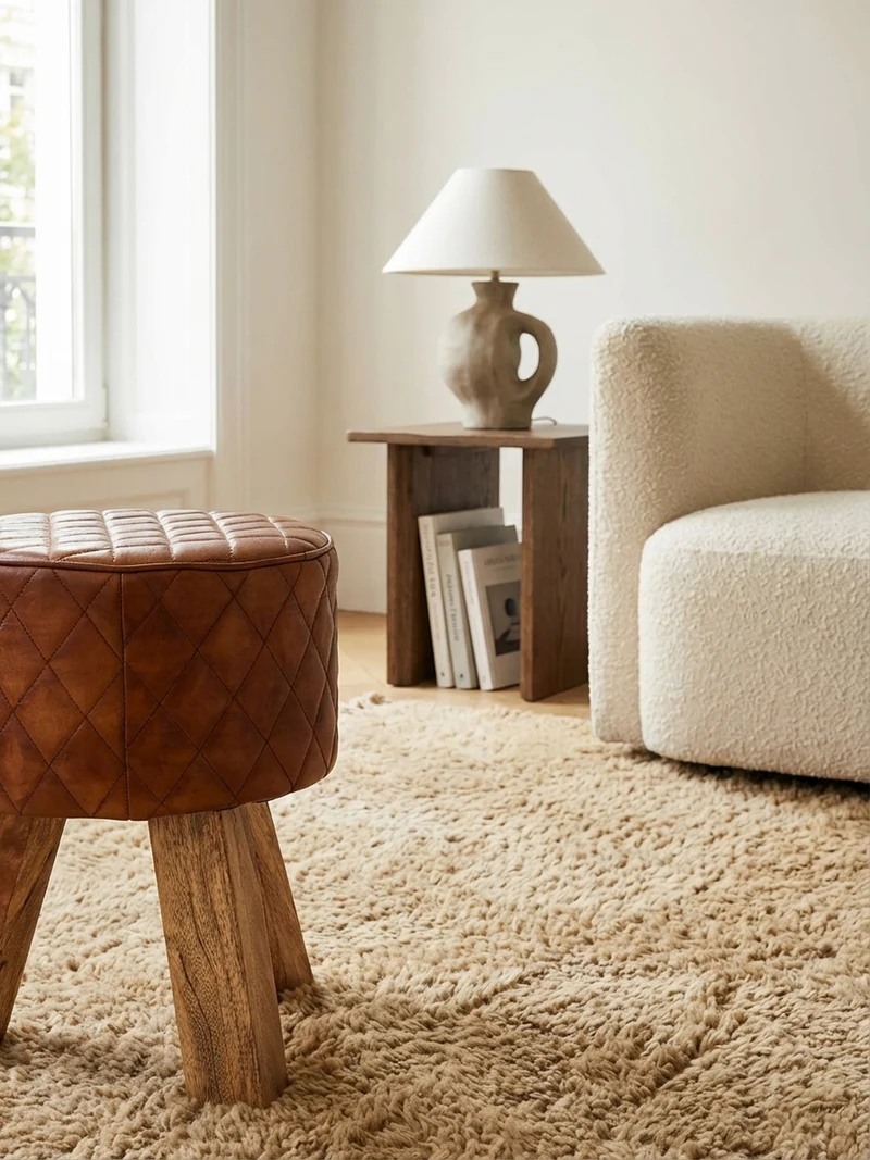 Sitzhocker – Holz/Leder, 46 cm, Rautenmuster, Braun
