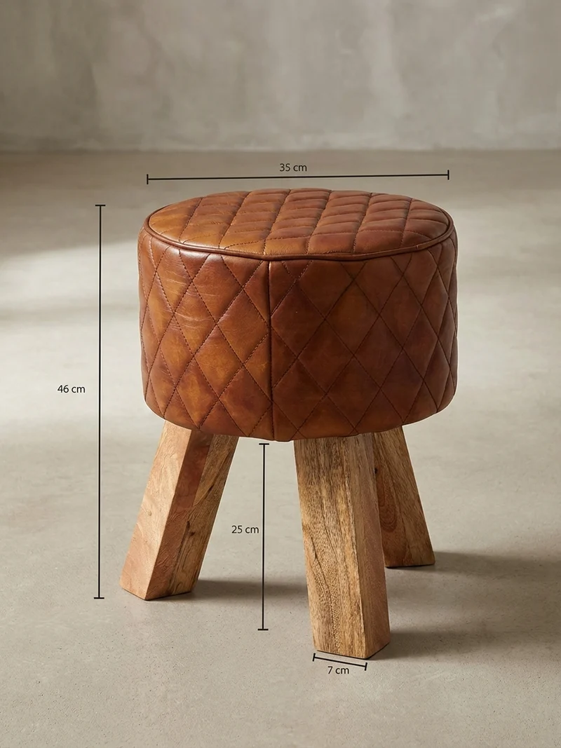 Sitzhocker – Holz/Leder, 46 cm, Rautenmuster, Braun