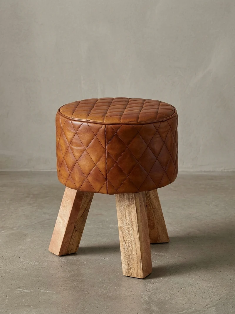 Sitzhocker – Holz/Leder, 46 cm, Rautenmuster, Braun