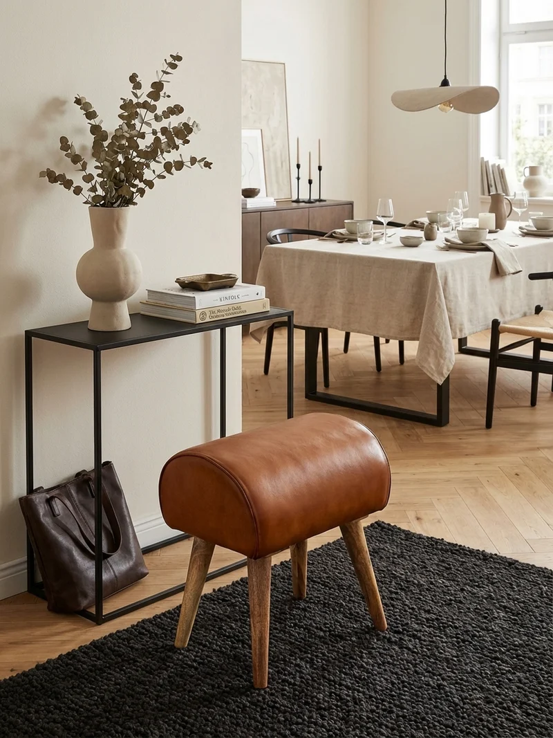 Sitzhocker – Echtleder/Massivholz, 45x53x40 cm, 120 kg Belastbarkeit