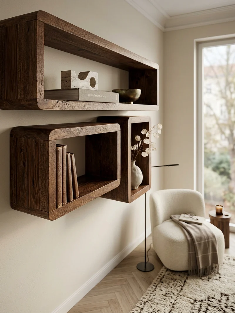 Wandregal Set CUBES Massivholz Abgerundete Ecken