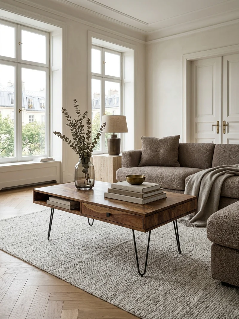 Couchtisch mit Schubfächern aus Massivholz und Metallfüßen, leichter Aufbau