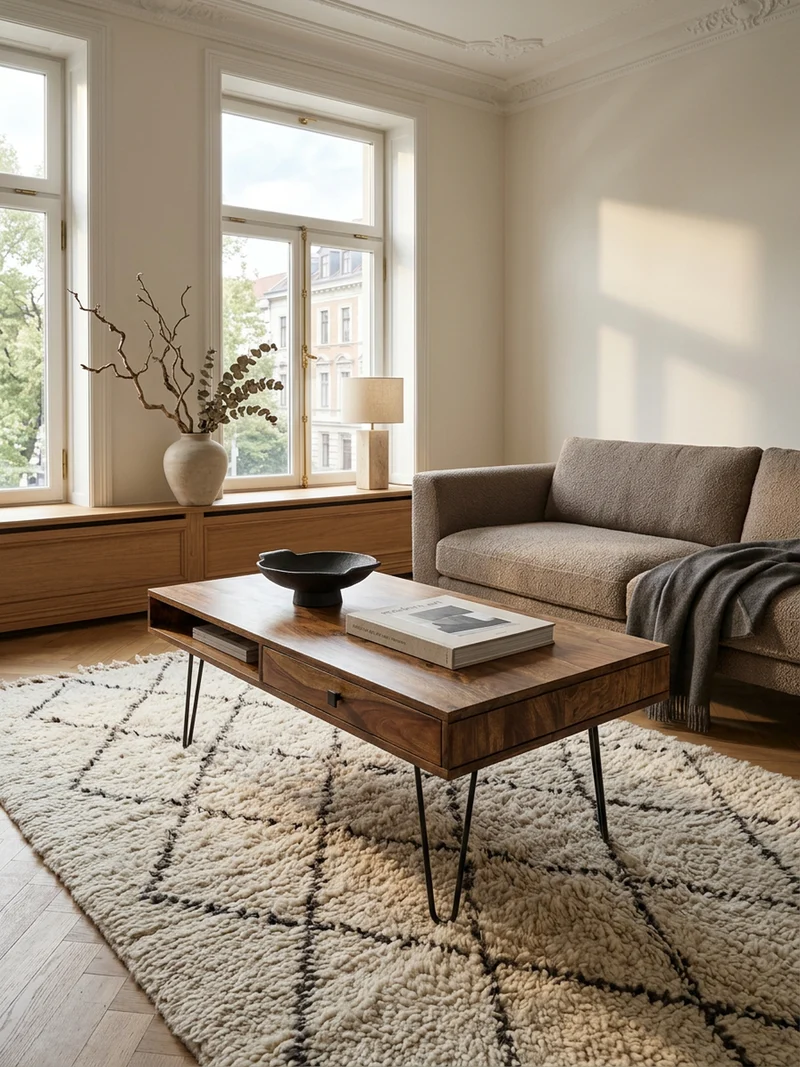 Couchtisch mit Schubfächern aus Massivholz und Metallfüßen, leichter Aufbau