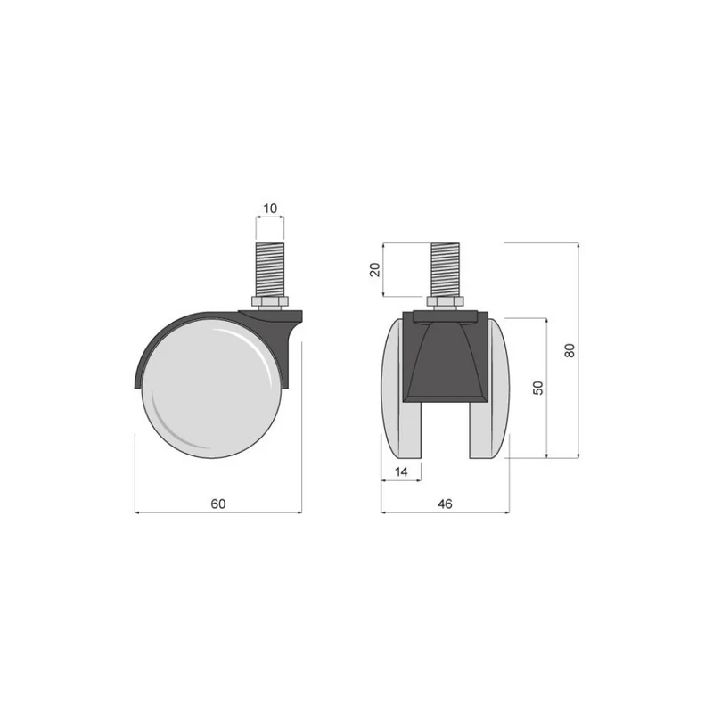 Möbelschwenkrad aus Kunststoff mit Gewinde 10mm - Ø60mm