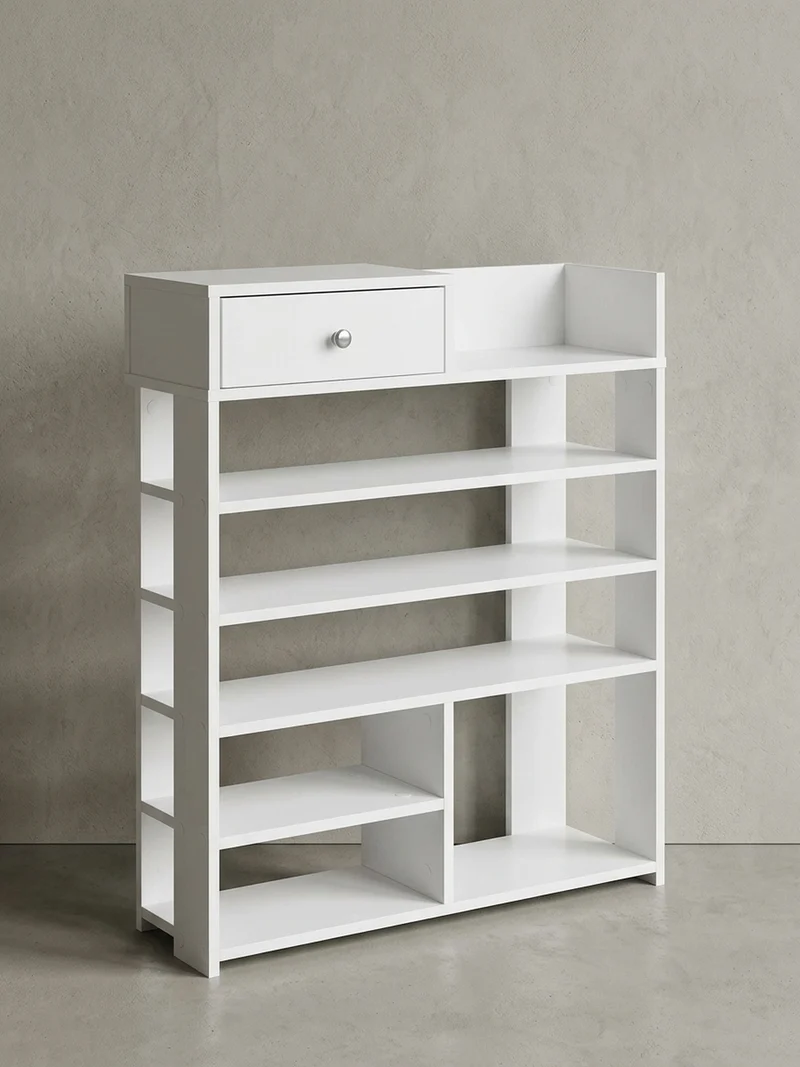 Schuhregal – Weiß, 75x92,5x24 cm, 7 Fächer, mit Schublade, kompakt