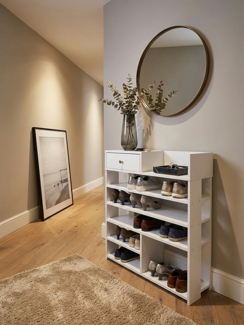 Schuhregal – Weiß, 75x92,5x24 cm, 7 Fächer, mit Schublade, kompakt