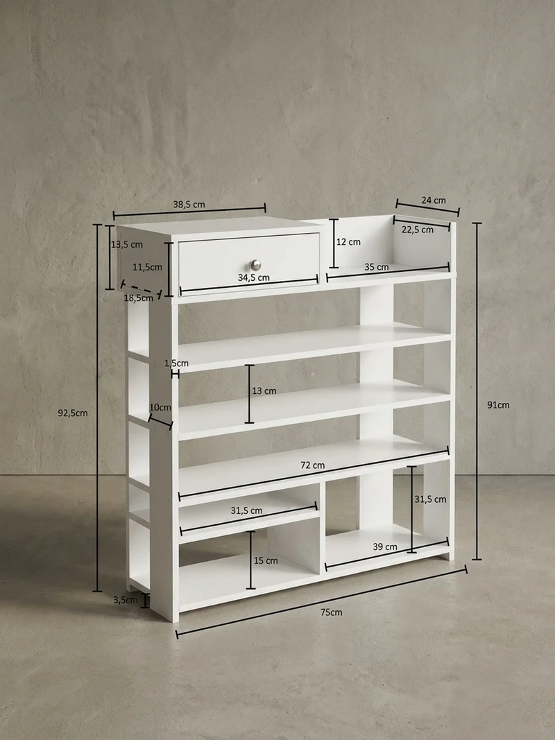 Schuhregal – Weiß, 75x92,5x24 cm, 7 Fächer, mit Schublade, kompakt