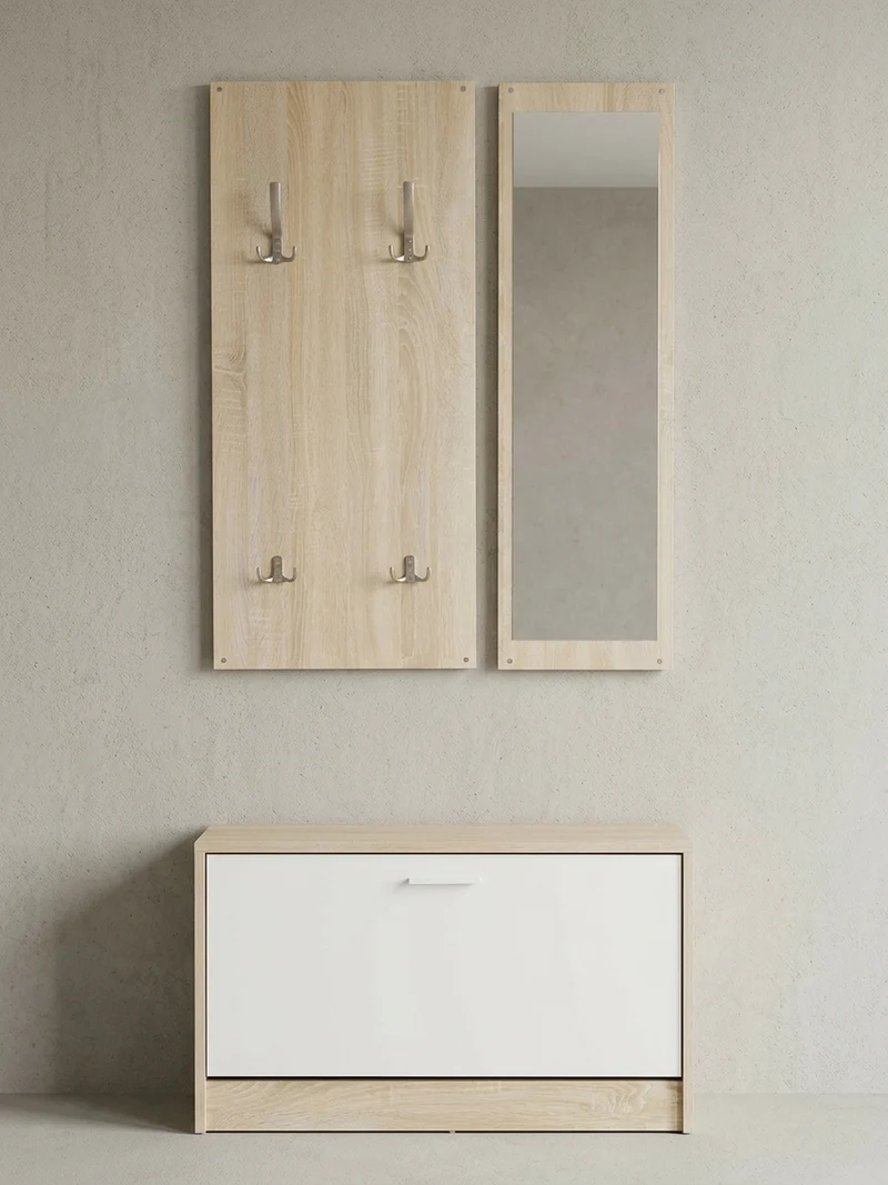 Wandgarderobe mit Spiegel, 10 Haken und Platz für 8 Paar Schuhe