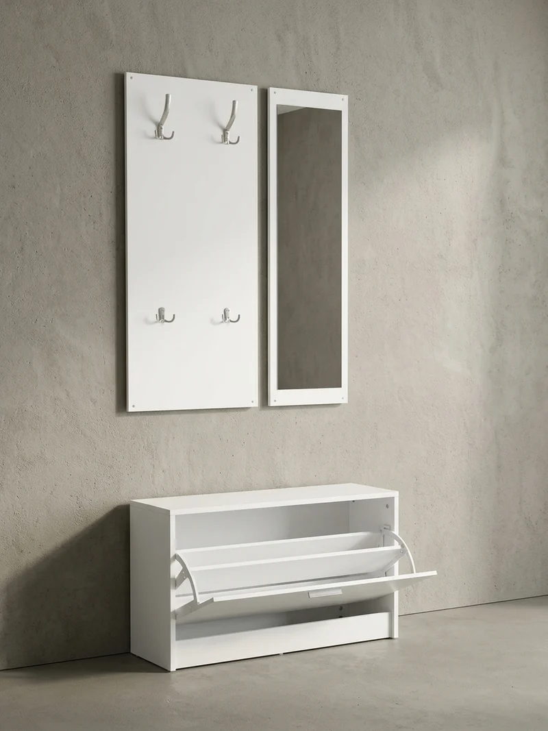 Wandgarderobe mit Spiegel, 10 Haken und Platz für 8 Paar Schuhe