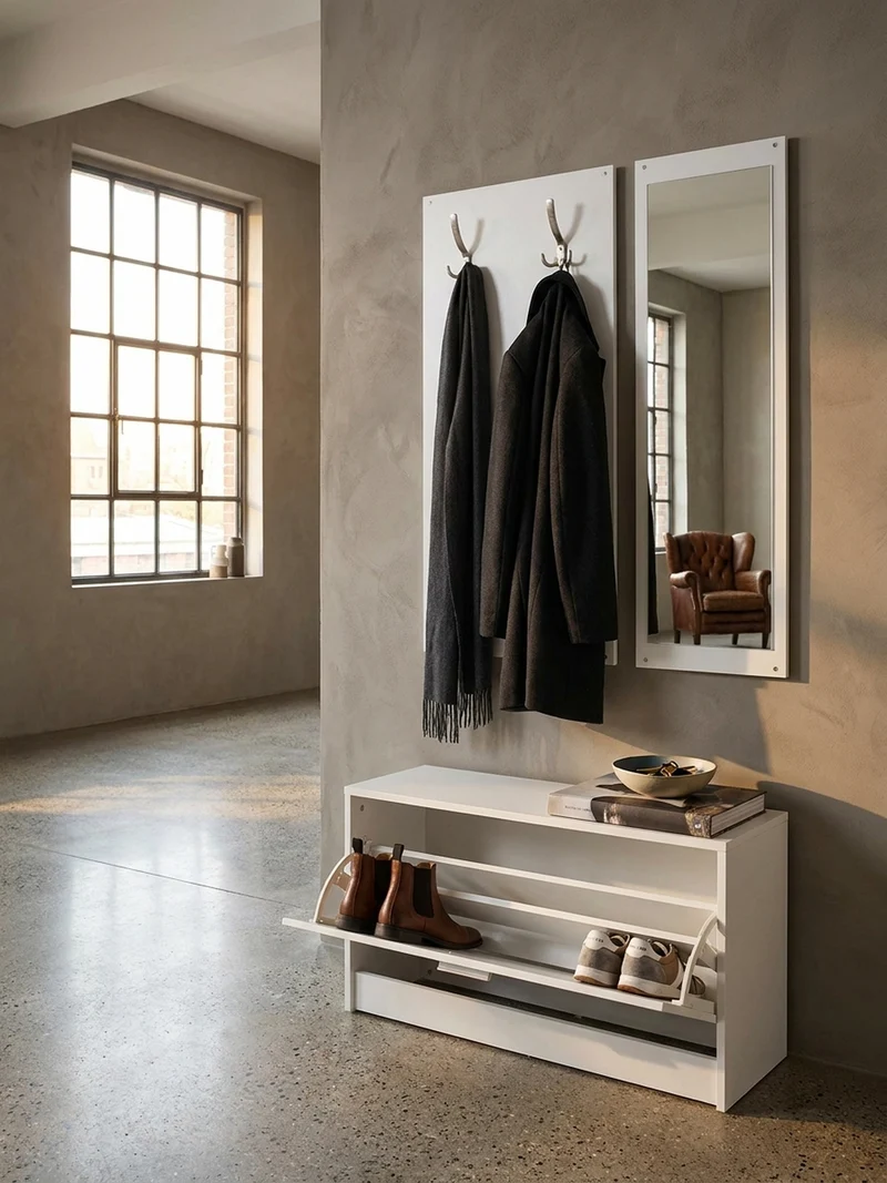 Wandgarderobe mit Spiegel, 10 Haken und Platz für 8 Paar Schuhe