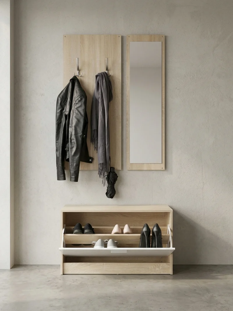 Wandgarderobe mit Spiegel, 10 Haken und Platz für 8 Paar Schuhe