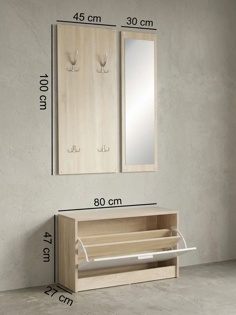 Wandgarderobe mit Spiegel, 10 Haken und Platz für 8 Paar Schuhe