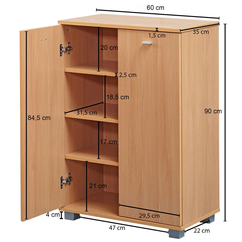 Schuhschrank Holz mit 2 Türen und 3 Einlegeböden
