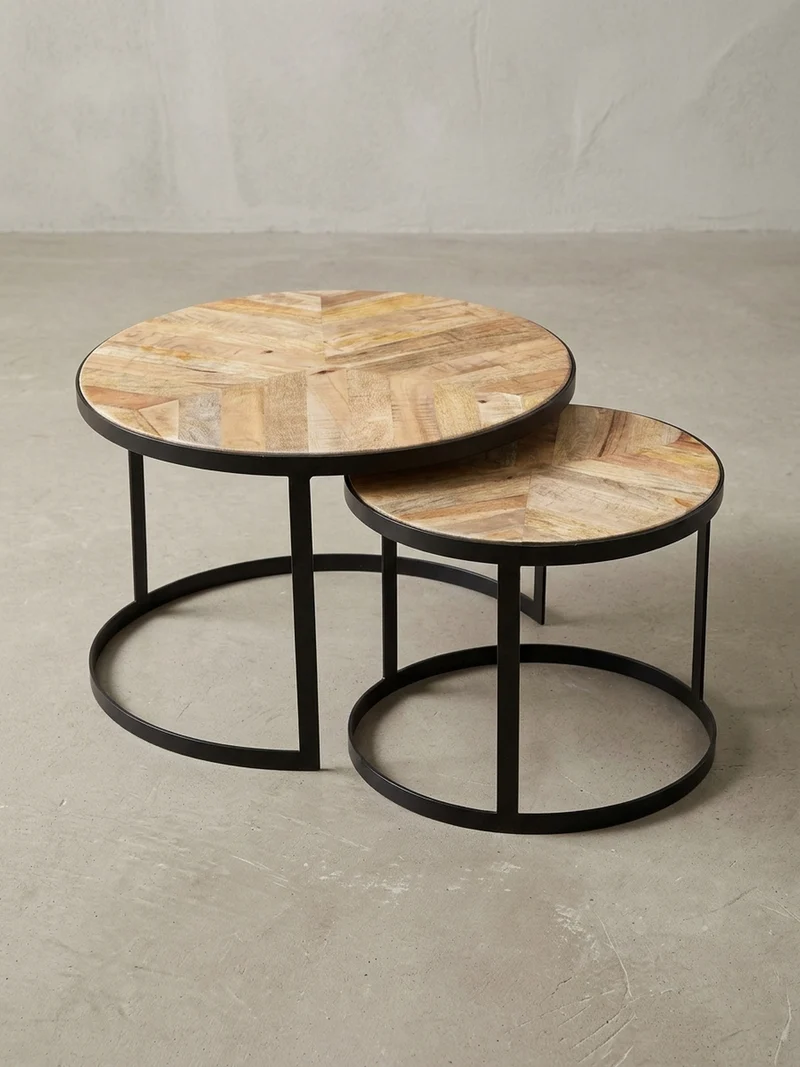 Couchtisch 2er Set Massivholz Metall Platzsparend Handgefertigt